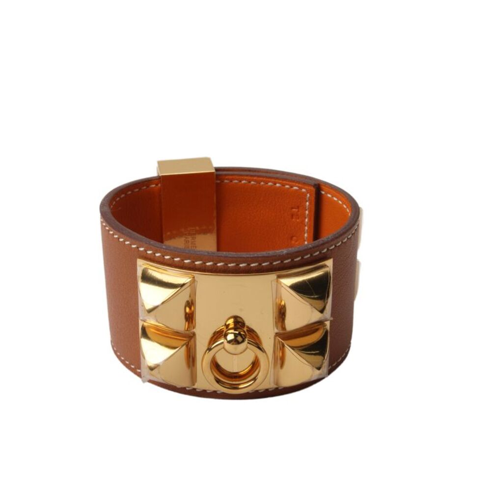 Hermes Womens 18K Gold Plated Brown Leather Collier de Chien Wrap Bracelet Sz T2